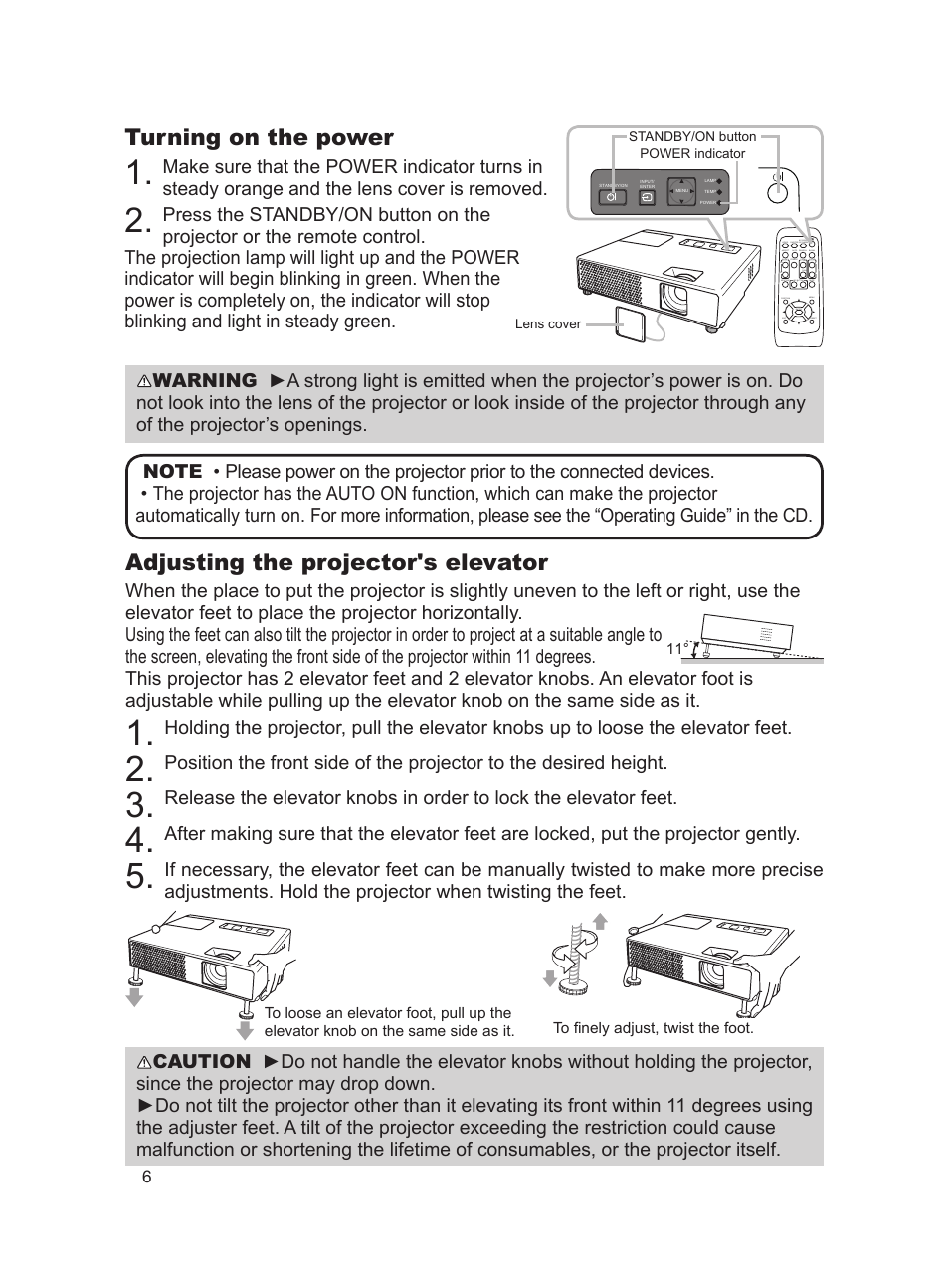 Turning on the power, Adjusting the projector's elevator | Dukane ImagePro 8783 User Manual | Page 6 / 12