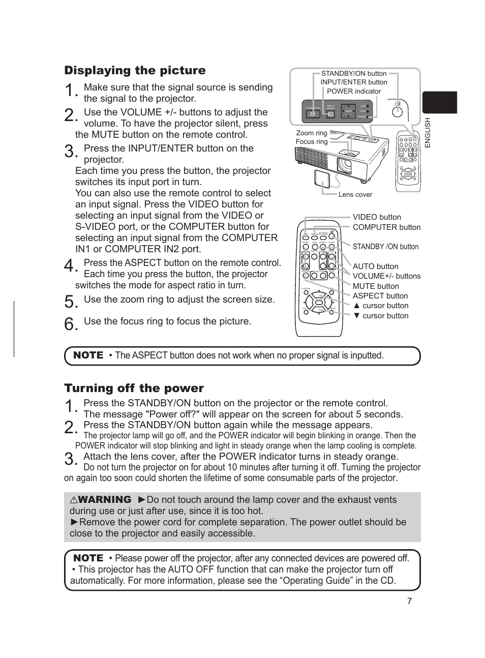 Displaying the picture, Turning off the power, Use the zoom ring to adjust the screen size | Use the focus ring to focus the picture | Dukane ImagePro 8783 User Manual | Page 7 / 12