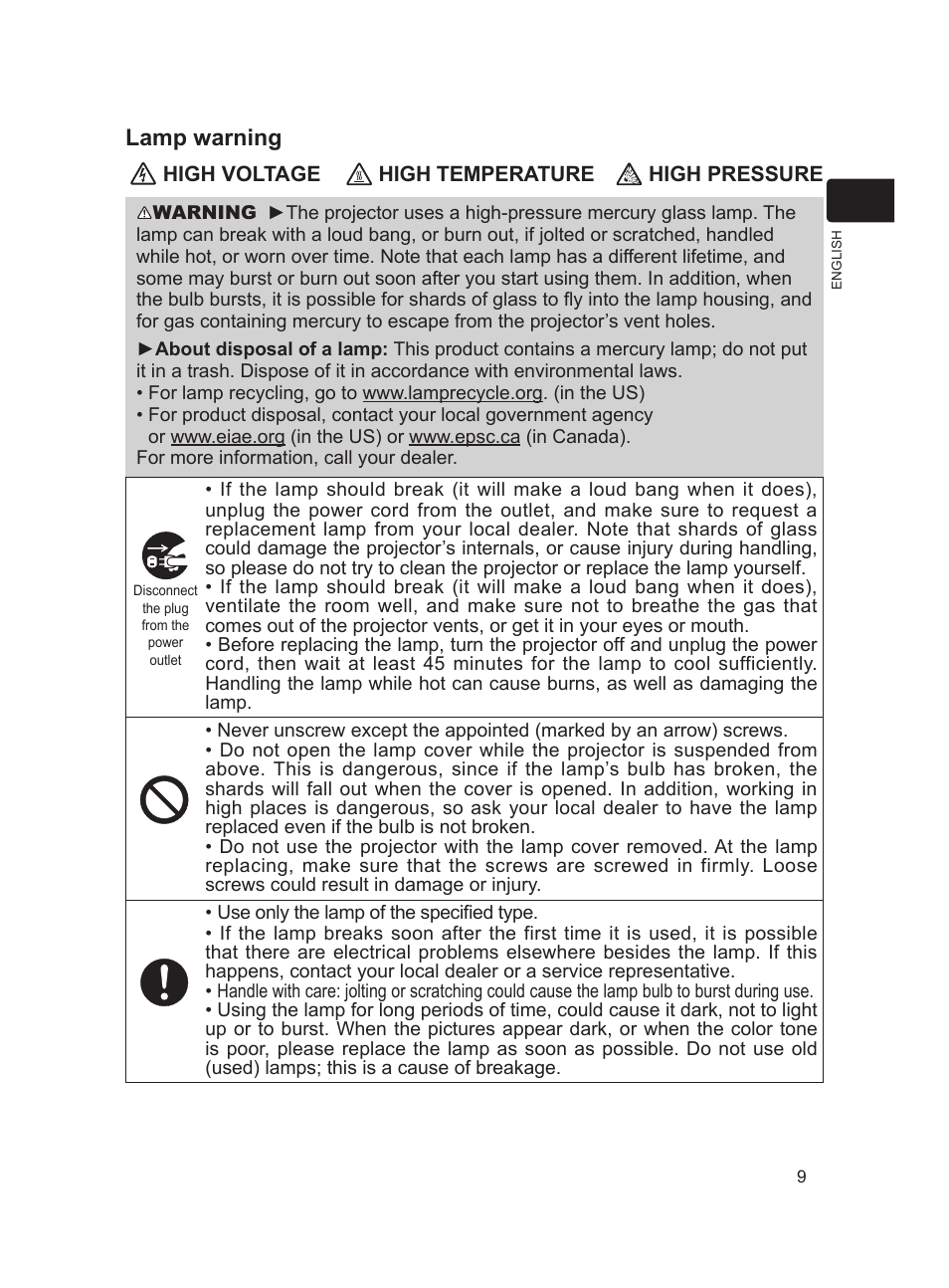 Lamp warning | Dukane ImagePro 8783 User Manual | Page 9 / 12
