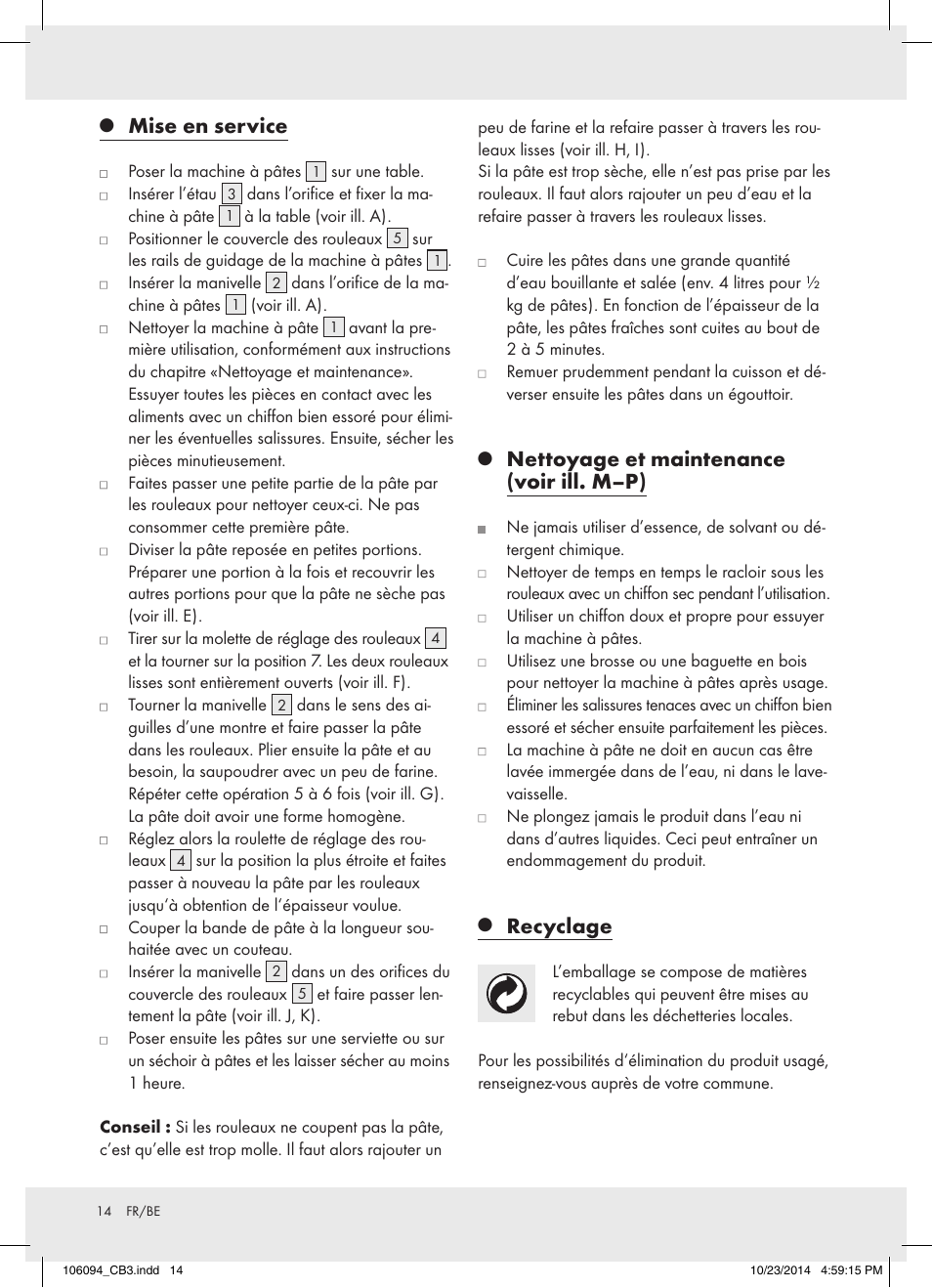 Mise en service, Nettoyage et maintenance (voir ill. m–p), Recyclage | Ernesto Z17066 User Manual | Page 14 / 19