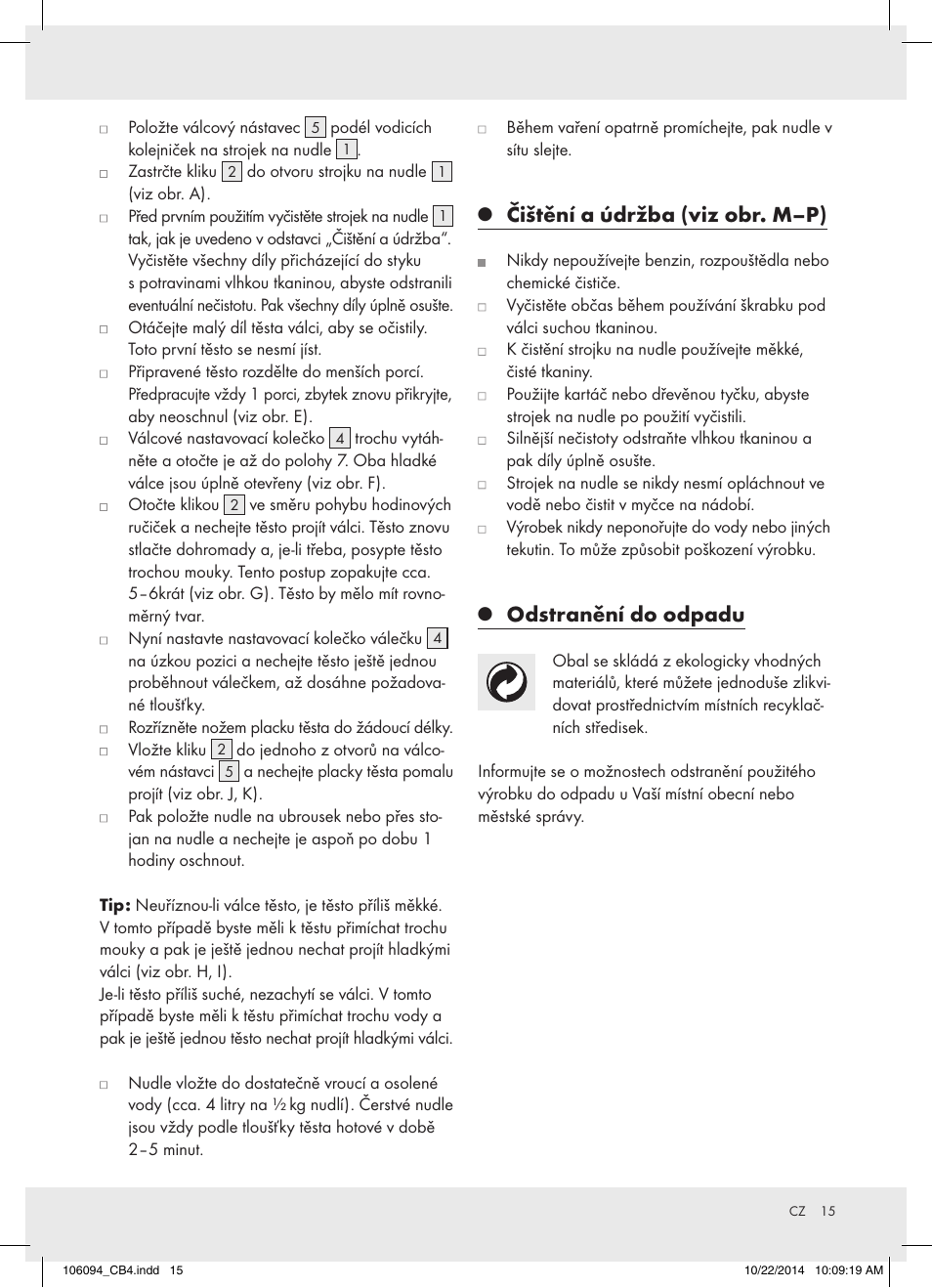 Čištění a údržba (viz obr. m–p), Odstranění do odpadu | Ernesto Z17066 User Manual | Page 15 / 20