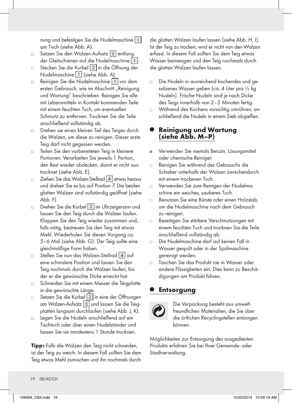 Reinigung und wartung (siehe abb. m–p), Entsorgung | Ernesto Z17066 User Manual | Page 19 / 20