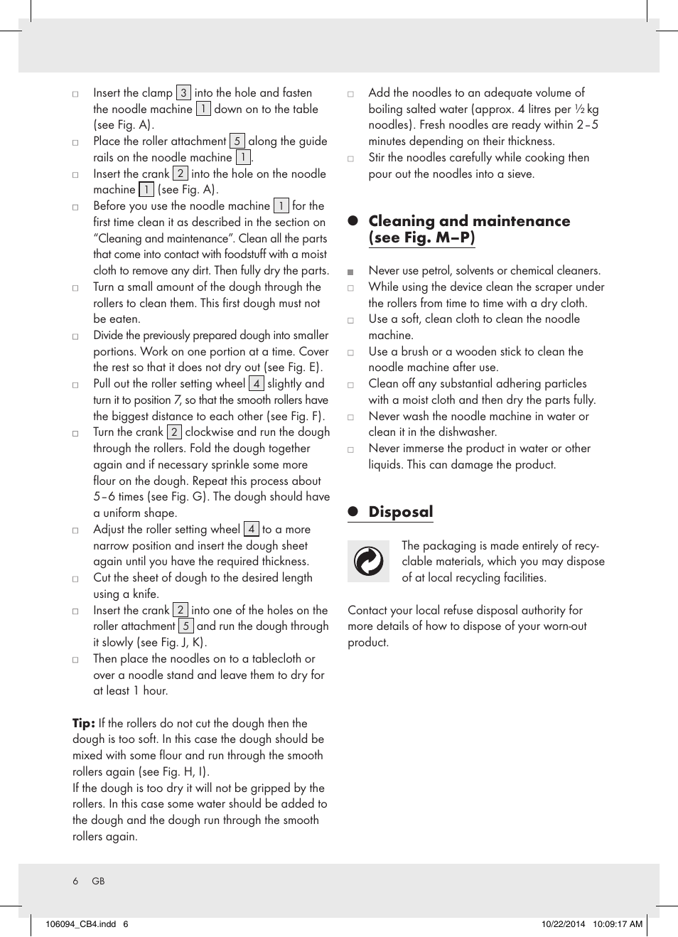 Cleaning and maintenance (see fig. m–p), Disposal | Ernesto Z17066 User Manual | Page 6 / 20