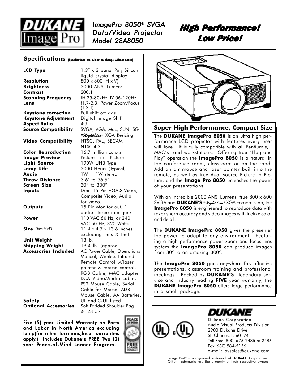 High performance, Imagep, Svga | Audio visual products, Super high performance, compact size | Dukane ImagePro 8050 User Manual | Page 2 / 2