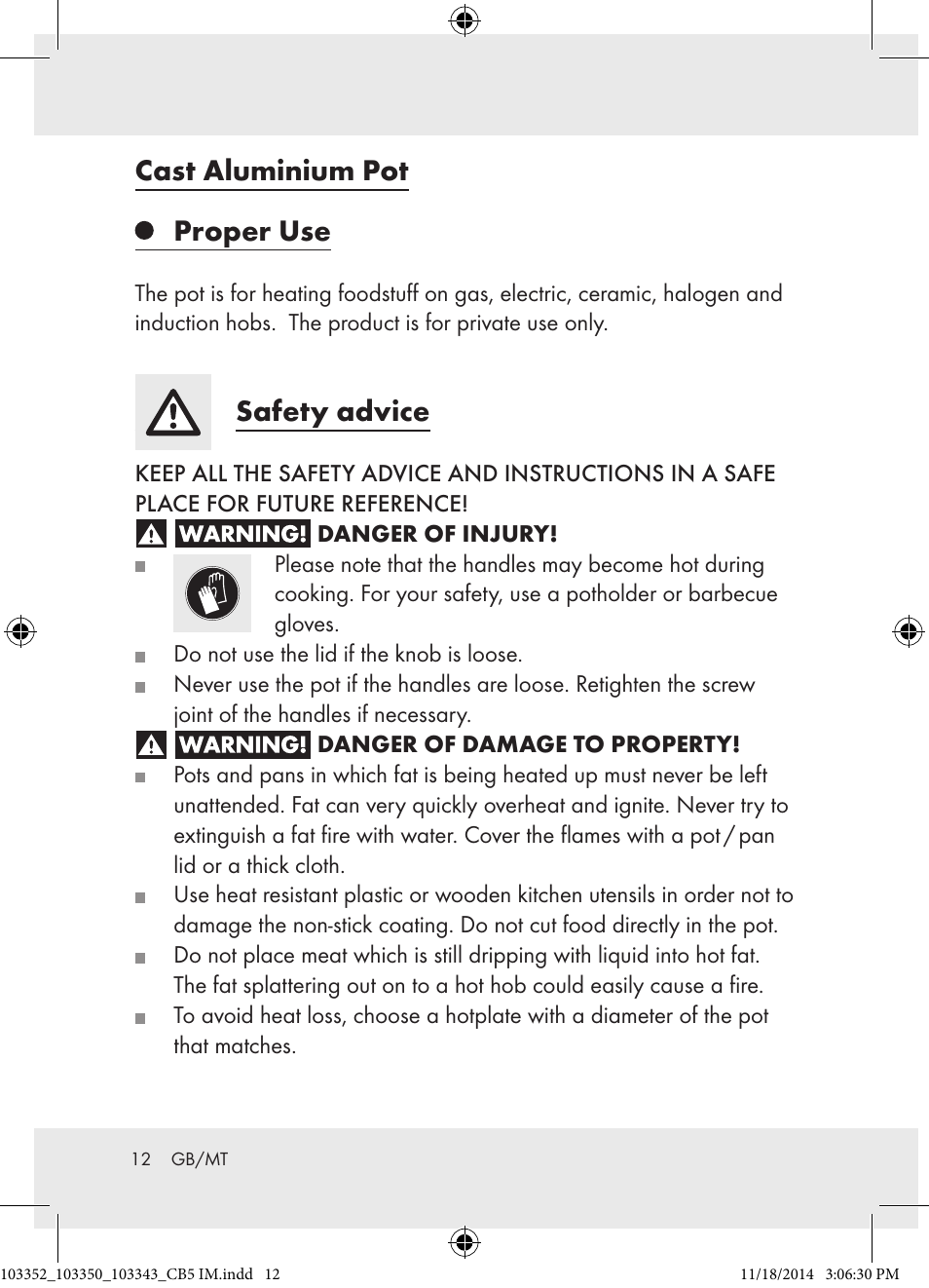 Cast aluminium pot proper use, Safety advice | Ernesto 103352-14-01 User Manual | Page 12 / 18