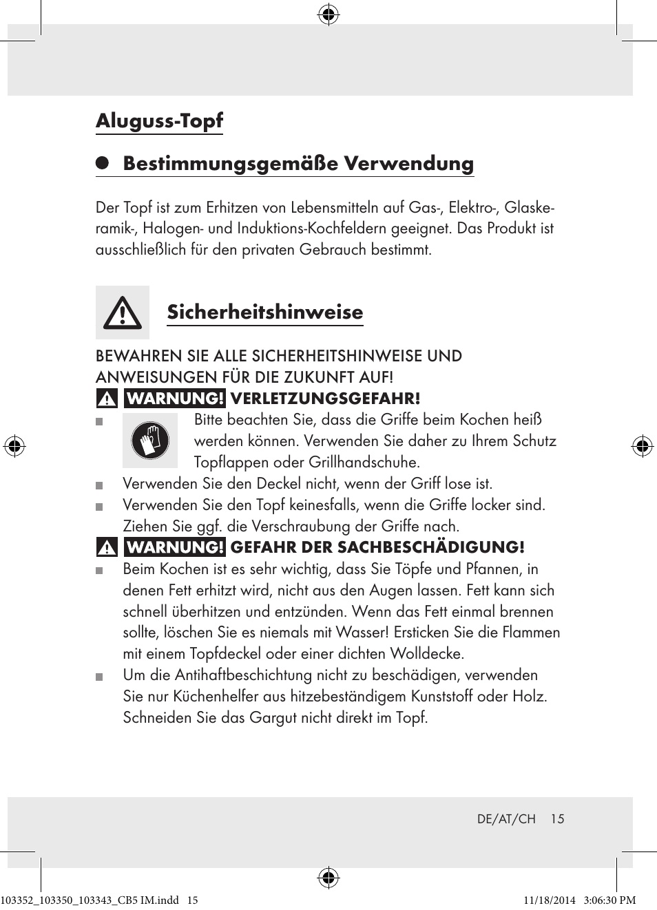 Aluguss-topf bestimmungsgemäße verwendung, Sicherheitshinweise | Ernesto 103352-14-01 User Manual | Page 15 / 18