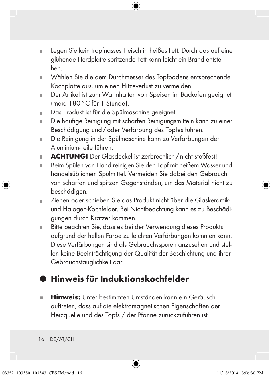 P hinweis für induktionskochfelder | Ernesto 103352-14-01 User Manual | Page 16 / 18