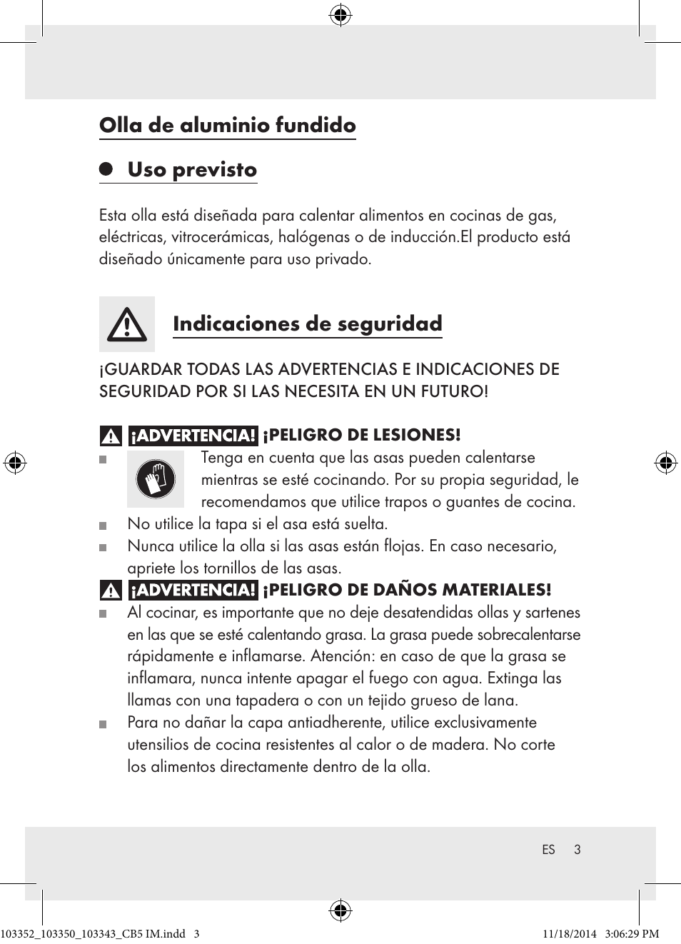 Olla de aluminio fundido uso previsto, Indicaciones de seguridad | Ernesto 103352-14-01 User Manual | Page 3 / 18