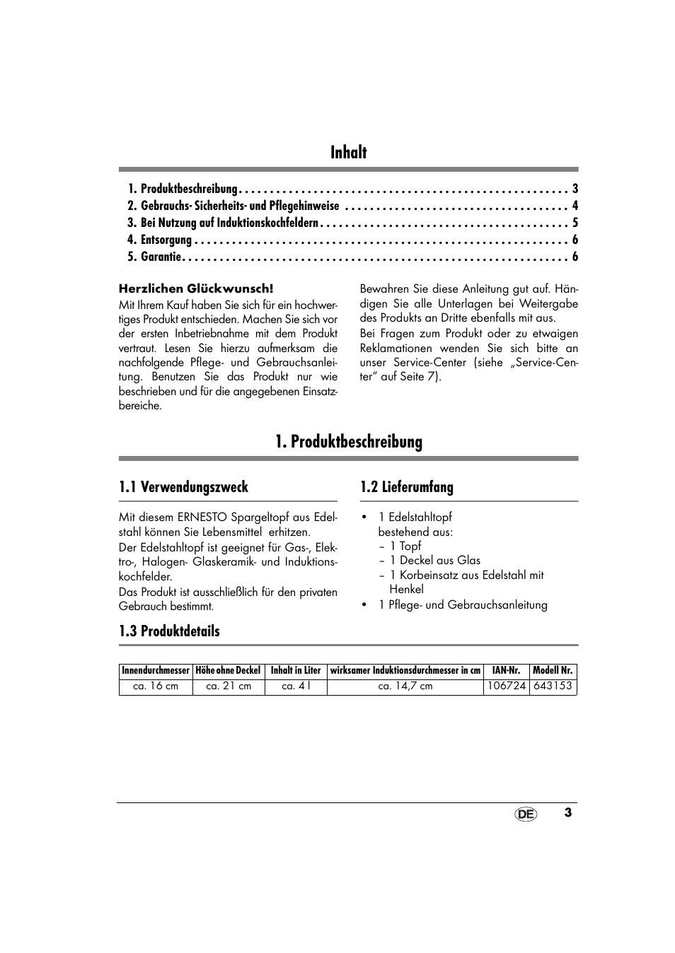 Produktbeschreibung, 1 verwendungszweck, 2 lieferumfang | 3 produktdetails, Inhalt | Ernesto 643153 User Manual | Page 3 / 44