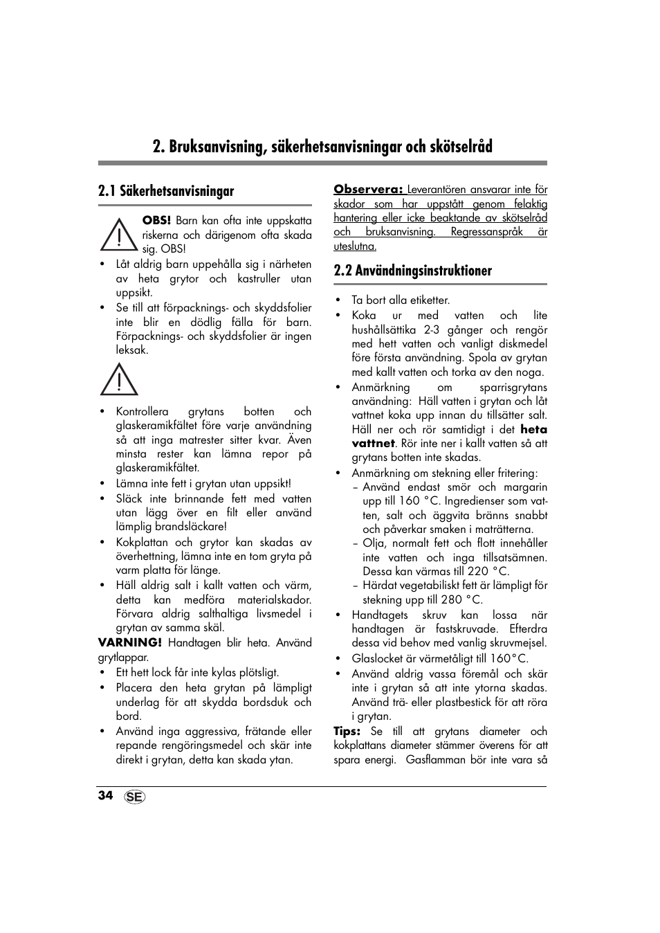 1 säkerhetsanvisningar, 2 användningsinstruktioner | Ernesto 643153 User Manual | Page 34 / 44