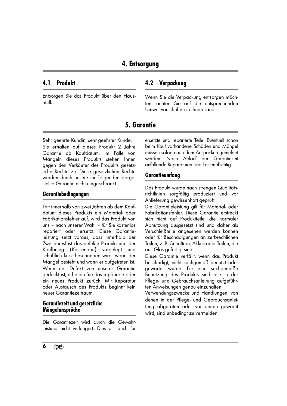Entsorgung, Garantie, Entsorgung 5. garantie | Ernesto 643153 User Manual | Page 6 / 44