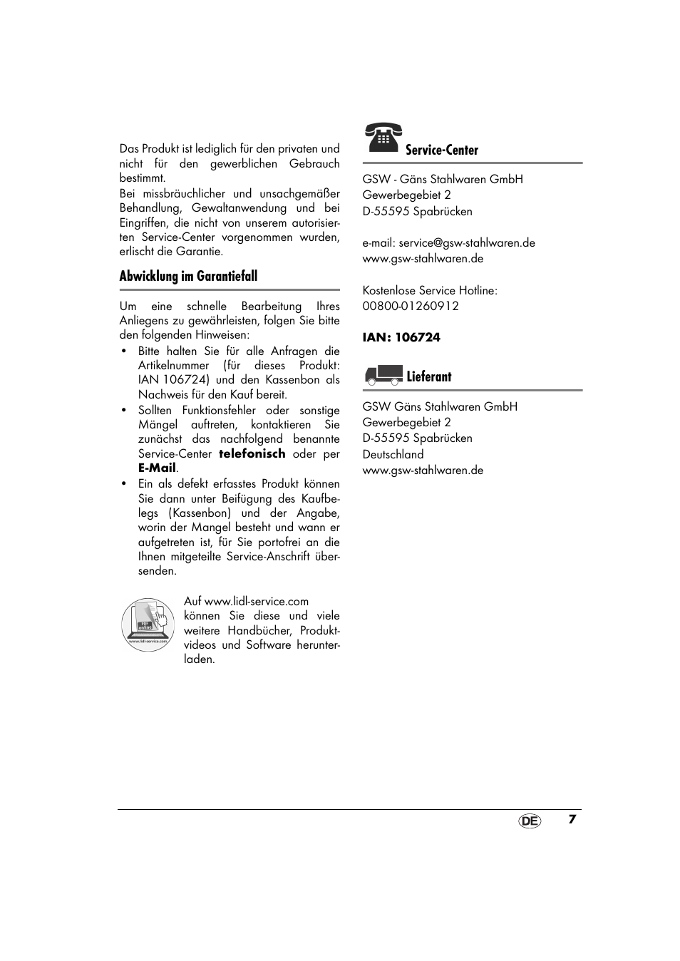 Er (siehe „service-cen- ter“ auf seite 7), Abwicklung im garantiefall, Service-center | Lieferant | Ernesto 643153 User Manual | Page 7 / 44