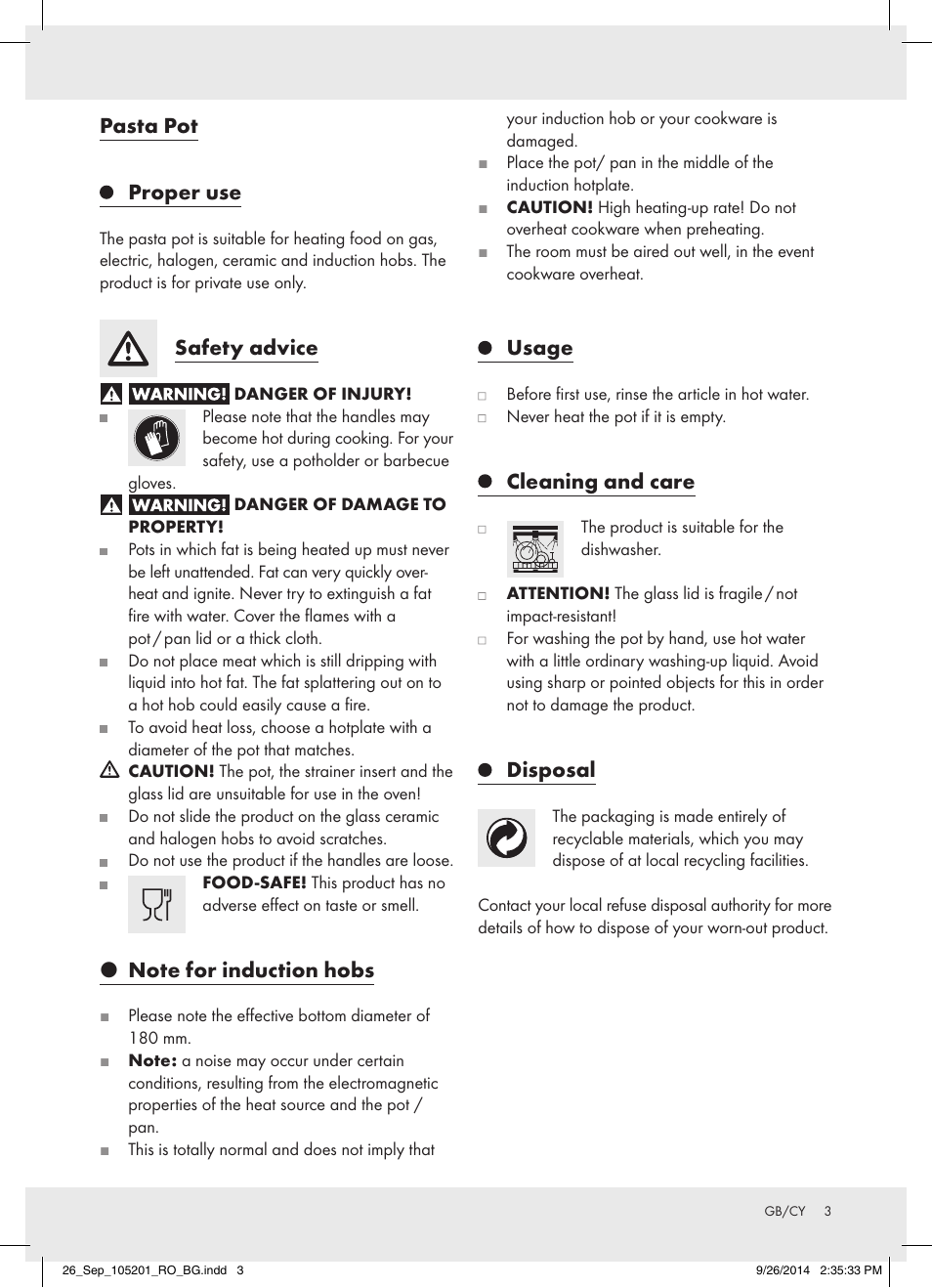 Pasta pot proper use, Safety advice, Usage | Cleaning and care, Disposal | Ernesto Z26782 User Manual | Page 3 / 11