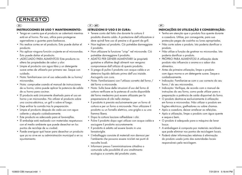 Ernesto 103833-14-0x User Manual | 2 pages