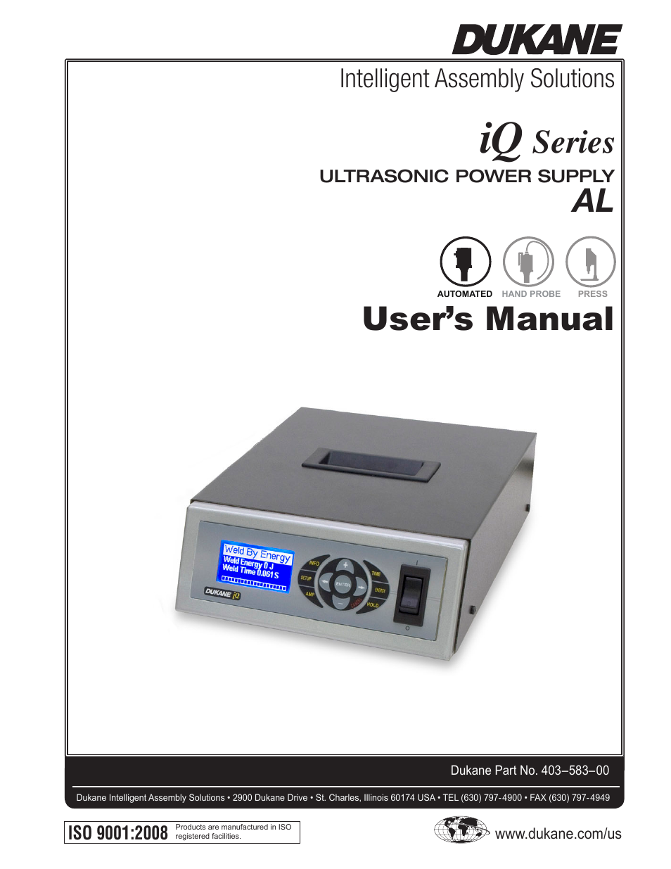 Dukane iQ Series ULTRASONIC POWER SUPPLY AL ISO 9001:2008 User Manual | 78 pages