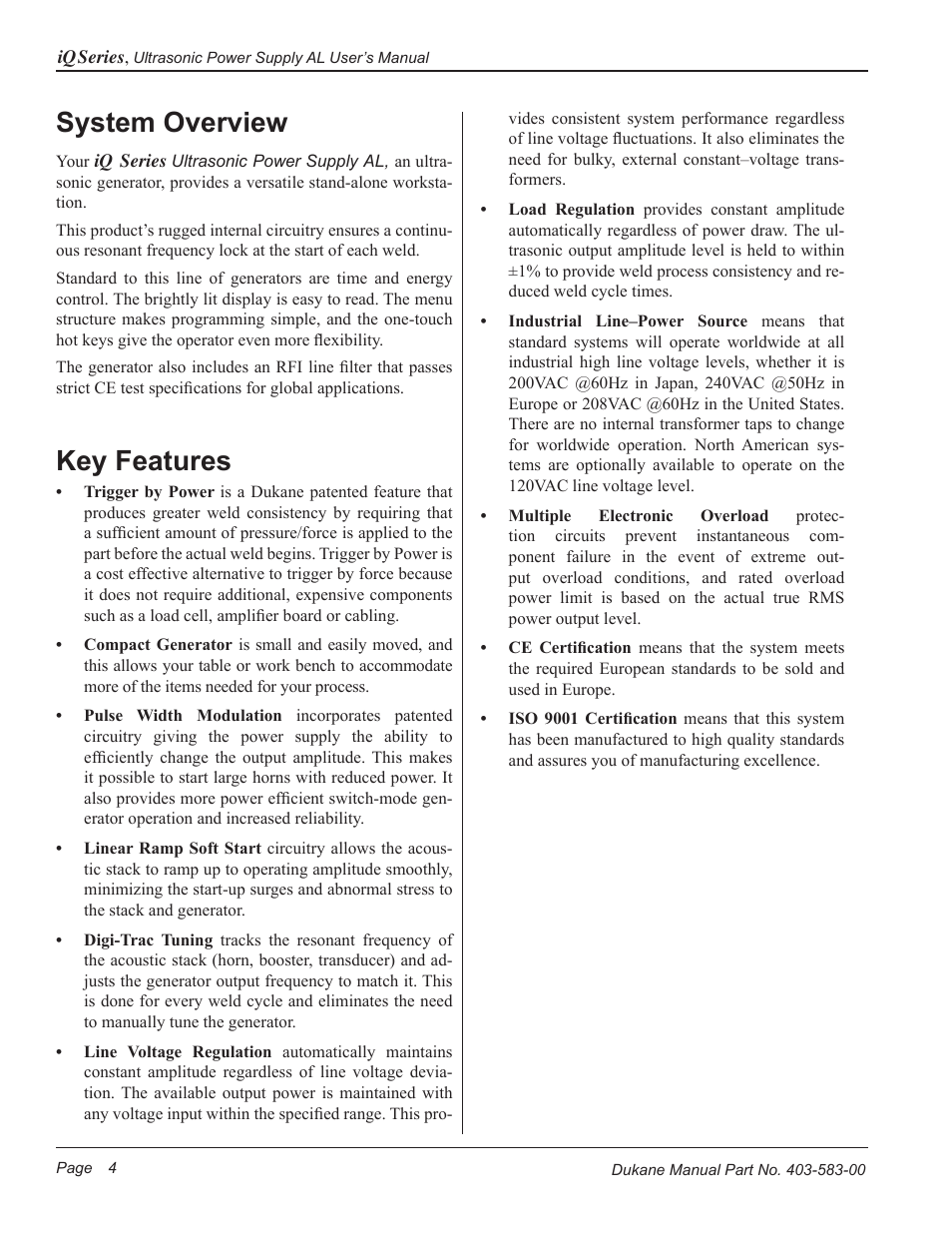 System overview, Key features | Dukane iQ Series ULTRASONIC POWER SUPPLY AL ISO 9001:2008 User Manual | Page 10 / 78