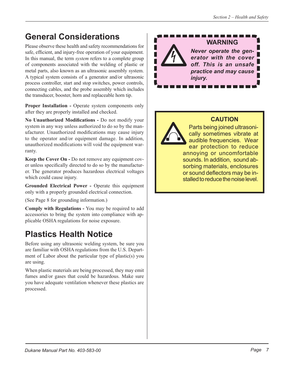 General considerations, Plastics health notice | Dukane iQ Series ULTRASONIC POWER SUPPLY AL ISO 9001:2008 User Manual | Page 13 / 78