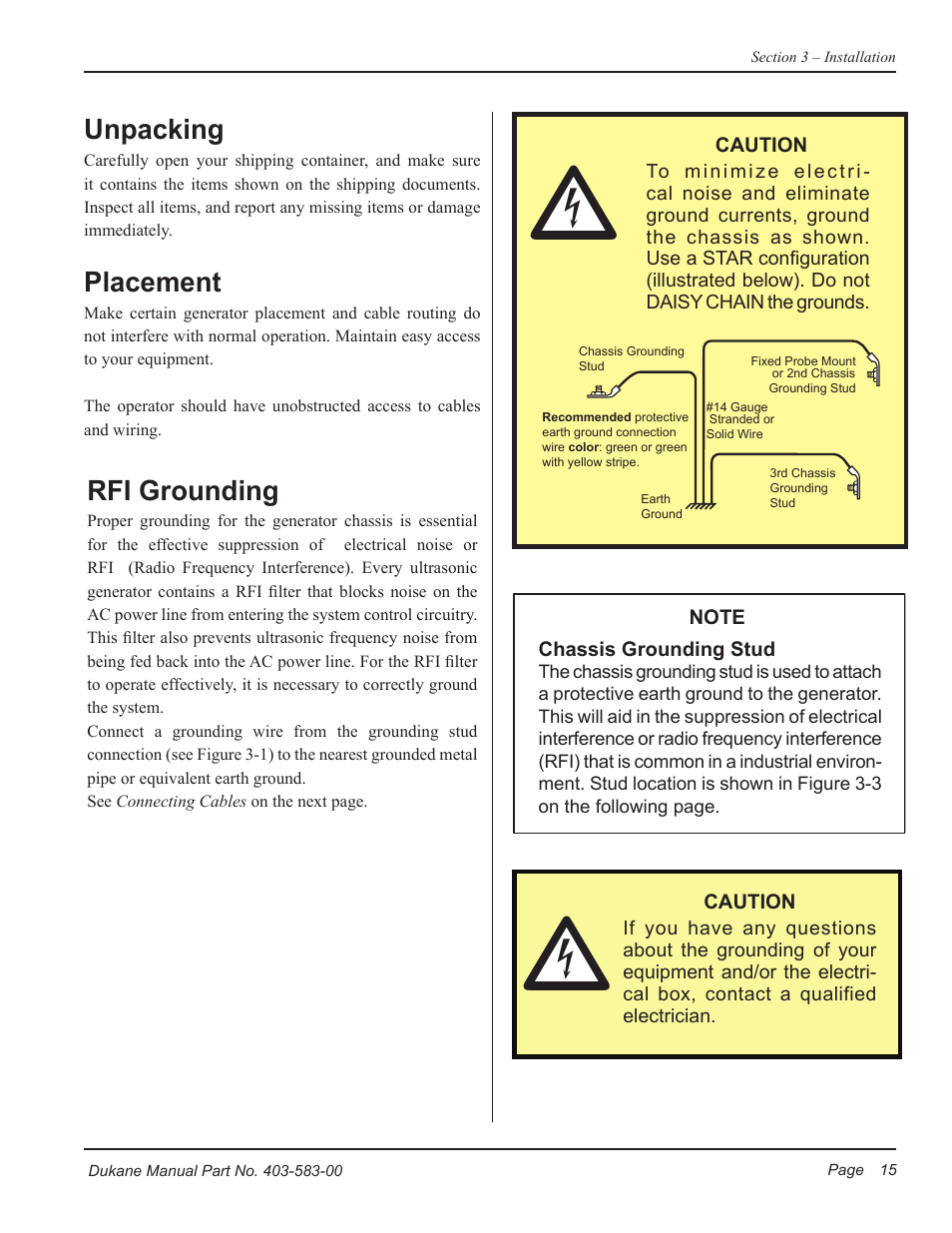 Unpacking, Placement, Rfi grounding | Dukane iQ Series ULTRASONIC POWER SUPPLY AL ISO 9001:2008 User Manual | Page 21 / 78