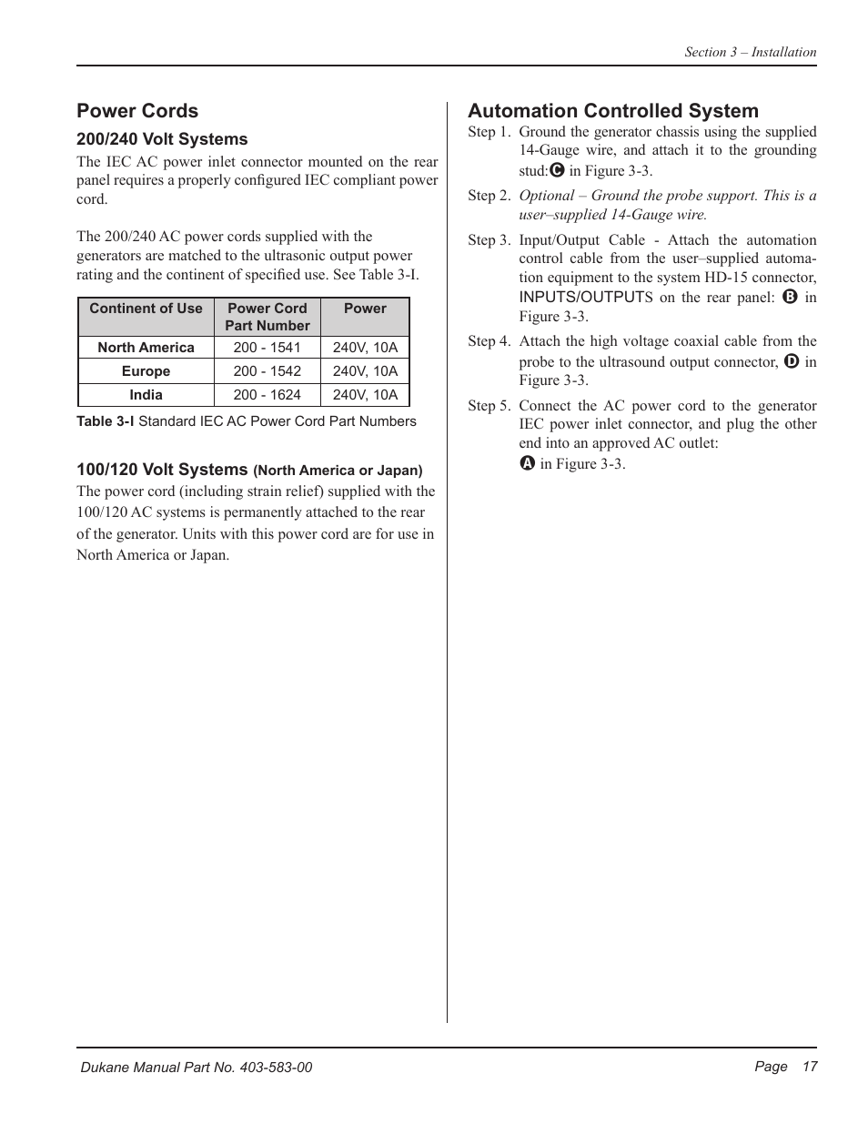 Power cords, Automation controlled system | Dukane iQ Series ULTRASONIC POWER SUPPLY AL ISO 9001:2008 User Manual | Page 23 / 78