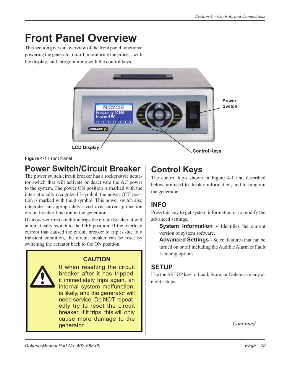 Front panel overview, Control keys, Power switch/circuit breaker | Dukane iQ Series ULTRASONIC POWER SUPPLY AL ISO 9001:2008 User Manual | Page 29 / 78