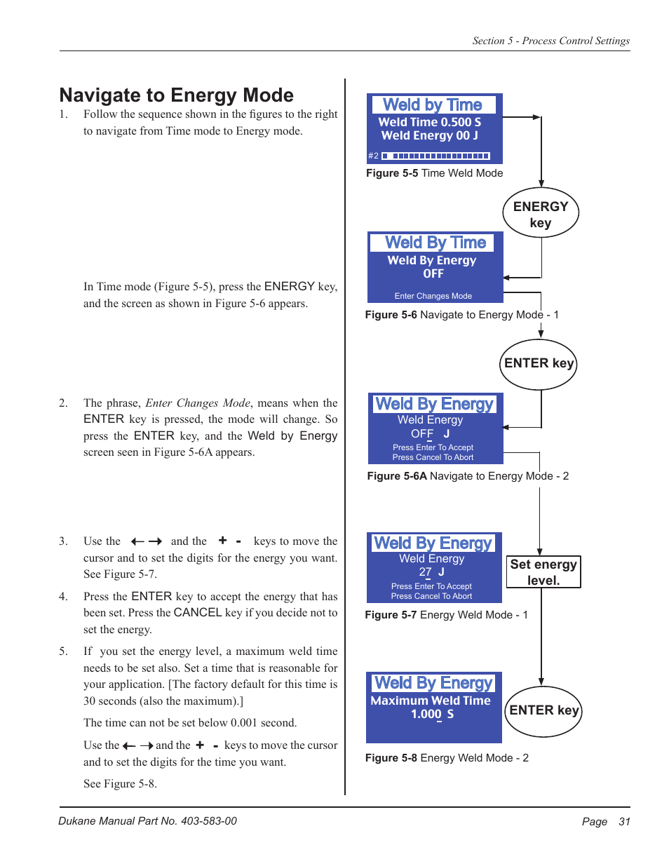 Navigate to energy mode, Weld by time, Weld by energy | Weld time 0.500 s | Dukane iQ Series ULTRASONIC POWER SUPPLY AL ISO 9001:2008 User Manual | Page 37 / 78