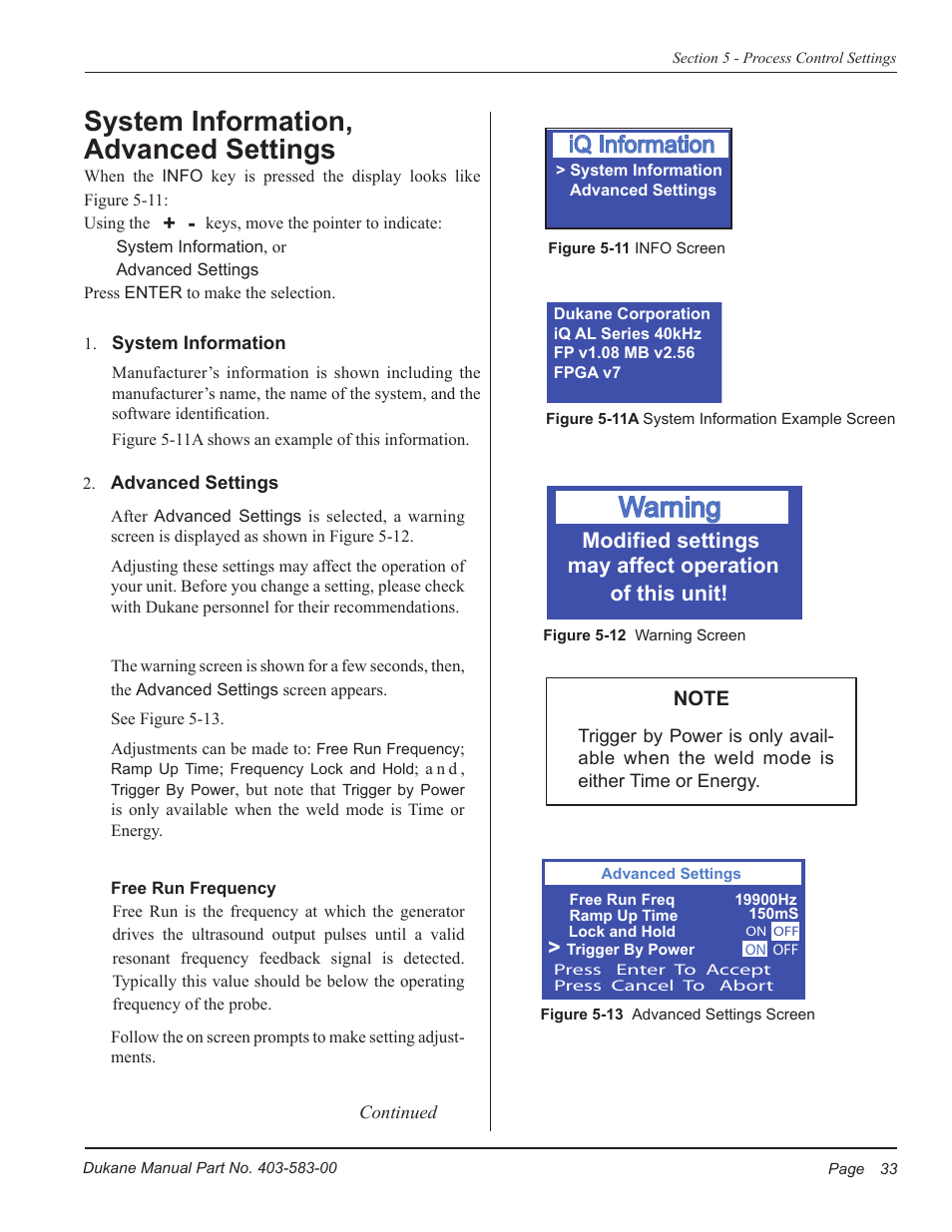 System information, advanced settings, Warning, Iq information | Dukane iQ Series ULTRASONIC POWER SUPPLY AL ISO 9001:2008 User Manual | Page 39 / 78