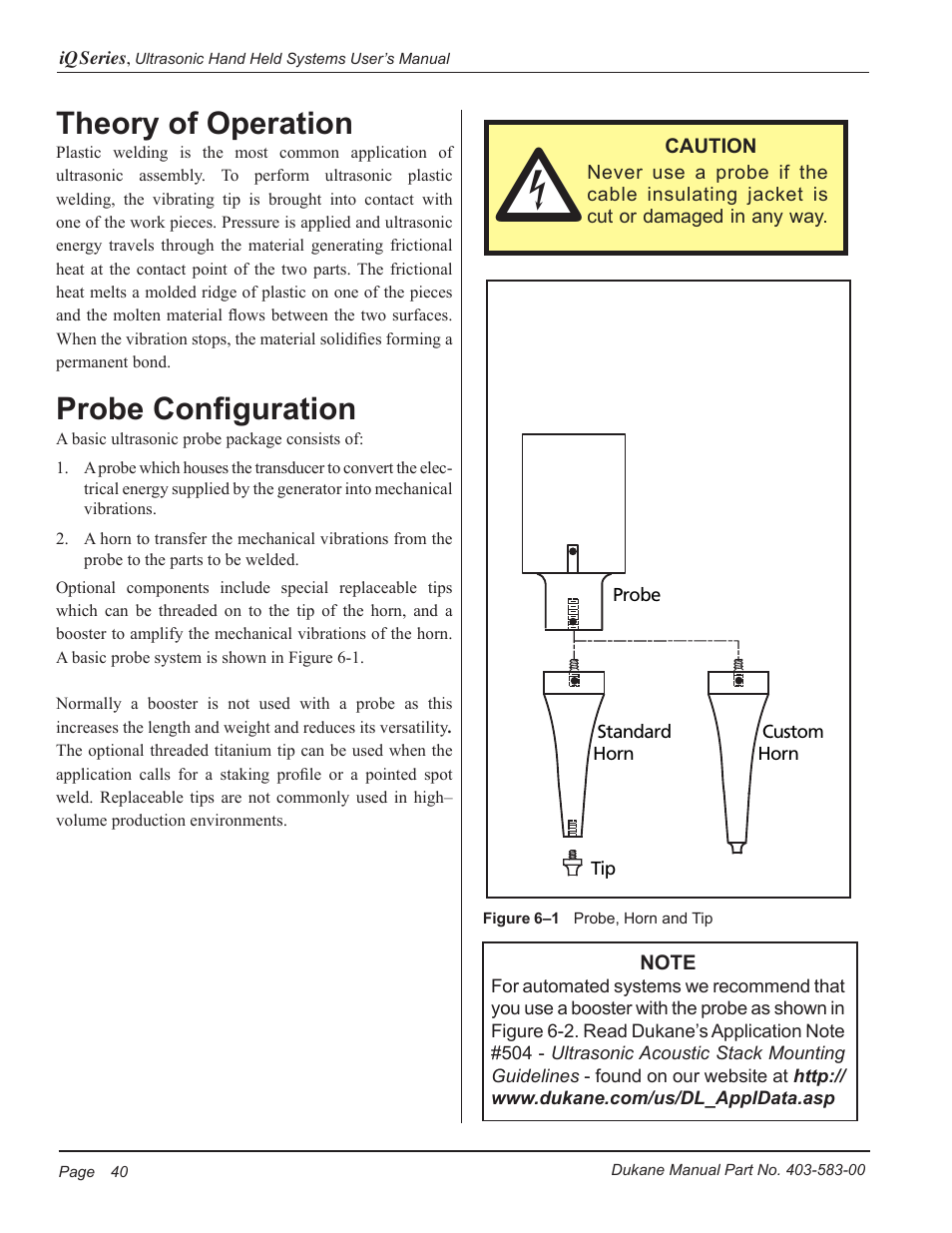 Theory of operation, Probe configuration | Dukane iQ Series ULTRASONIC POWER SUPPLY AL ISO 9001:2008 User Manual | Page 46 / 78