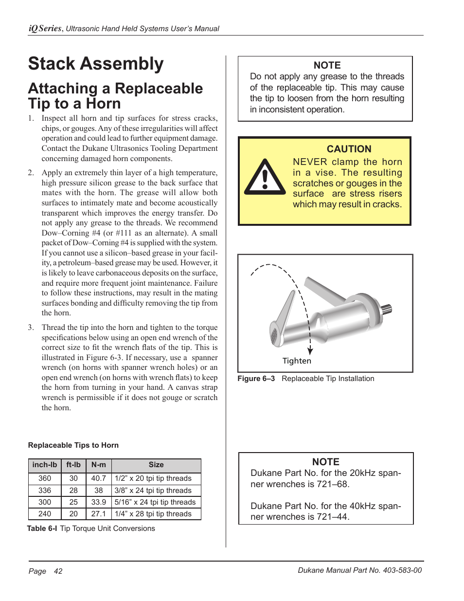 Stack assembly, Attaching a replaceable tip to a horn | Dukane iQ Series ULTRASONIC POWER SUPPLY AL ISO 9001:2008 User Manual | Page 48 / 78