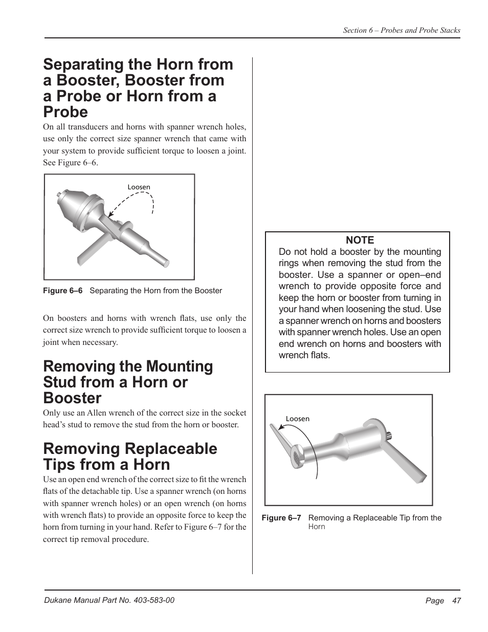 Removing the mounting stud from a horn or booster, Removing replaceable tips from a horn | Dukane iQ Series ULTRASONIC POWER SUPPLY AL ISO 9001:2008 User Manual | Page 53 / 78