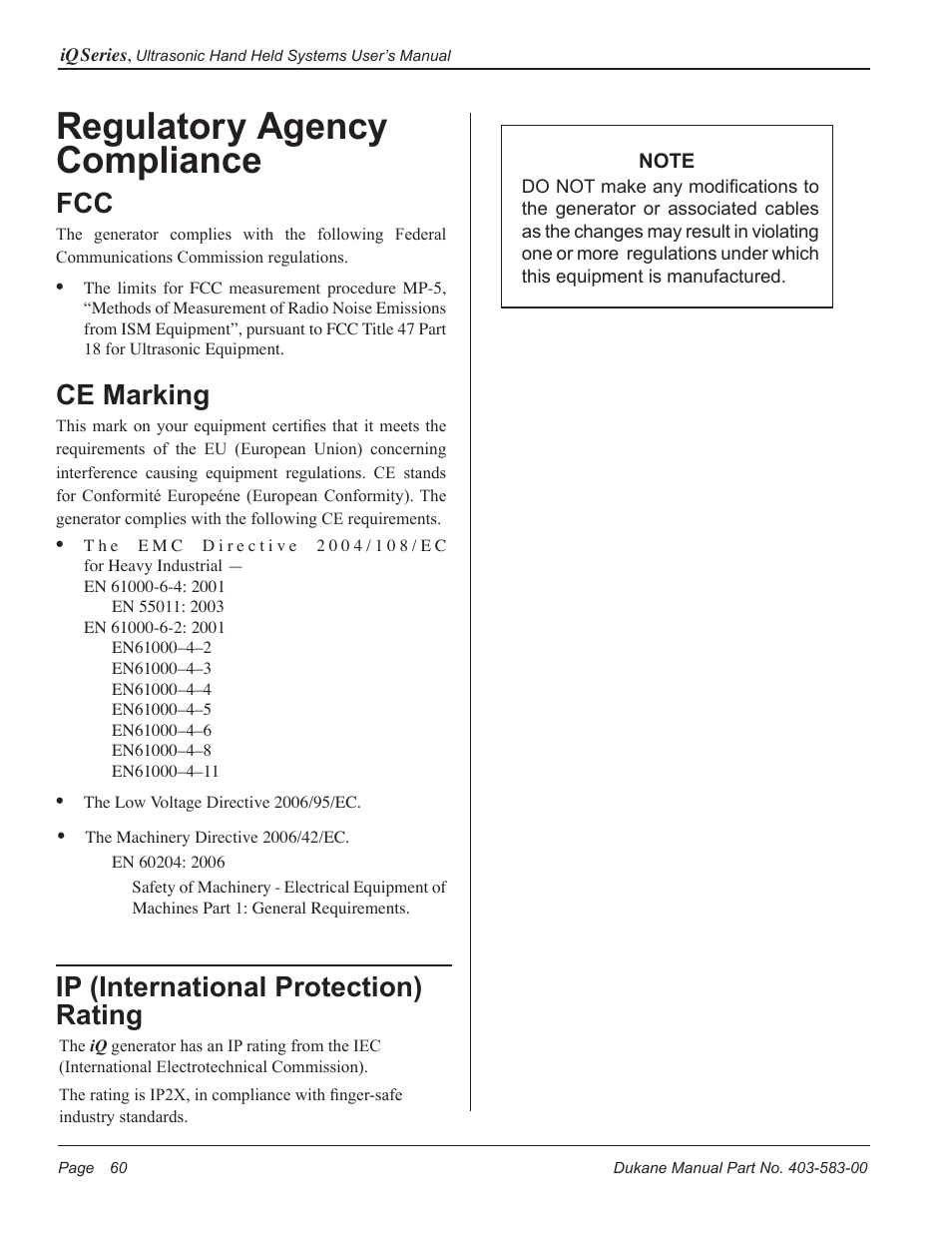 Regulatory agency compliance, Ce marking, Ip (international protection) rating | Dukane iQ Series ULTRASONIC POWER SUPPLY AL ISO 9001:2008 User Manual | Page 66 / 78