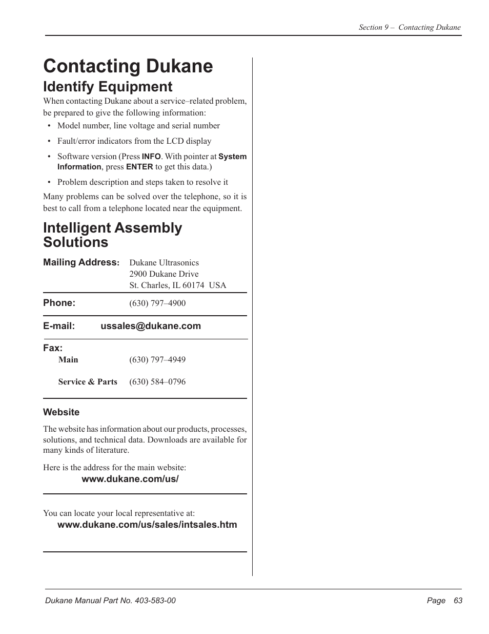 Contacting dukane, Identify equipment, Intelligent assembly solutions | Dukane iQ Series ULTRASONIC POWER SUPPLY AL ISO 9001:2008 User Manual | Page 69 / 78
