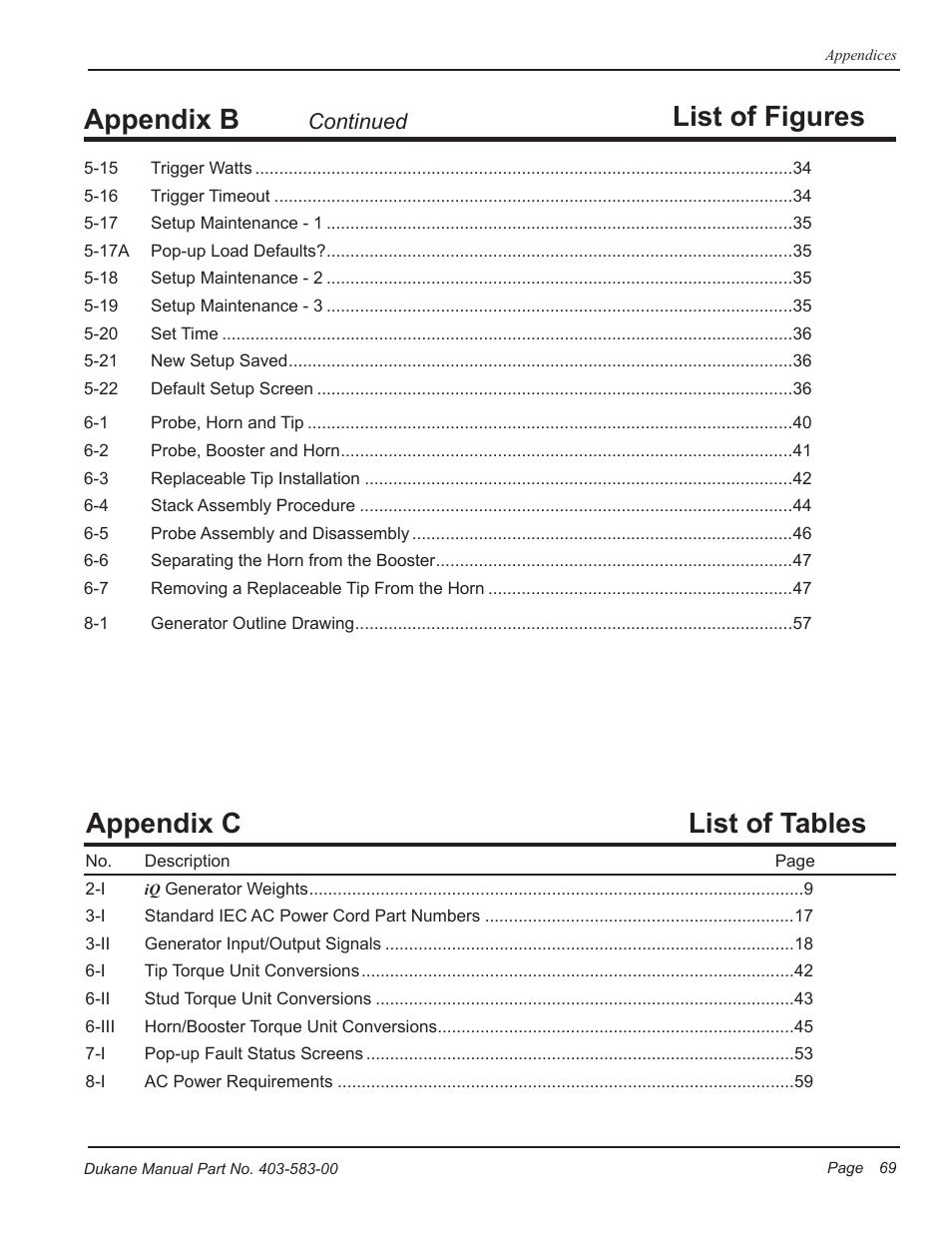 List of tables appendix b, Appendix c list of figures | Dukane iQ Series ULTRASONIC POWER SUPPLY AL ISO 9001:2008 User Manual | Page 75 / 78