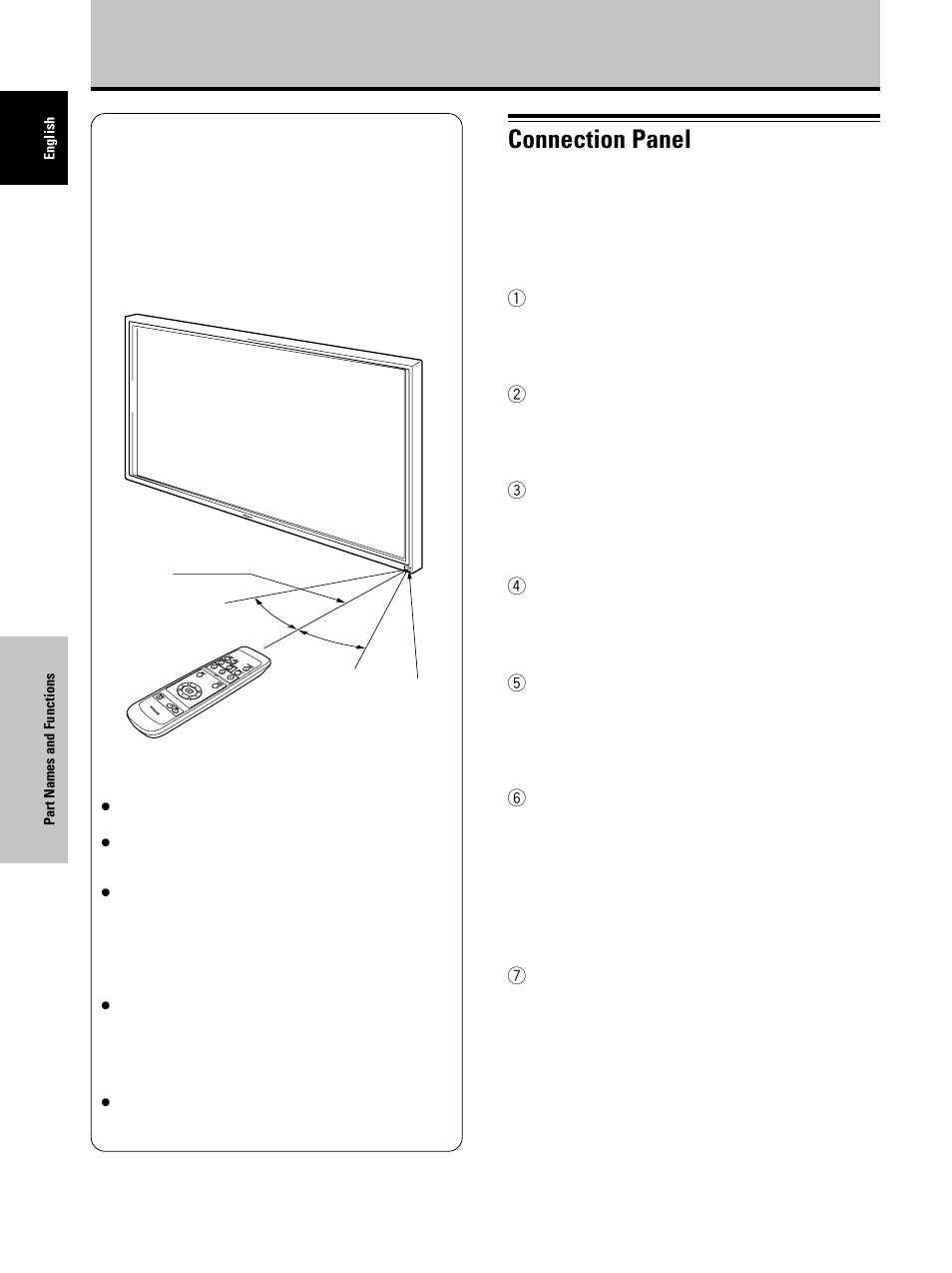 Connection panel, Operating range of the remote control unit | Dukane P50 User Manual | Page 14 / 42