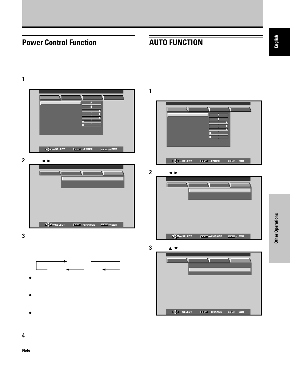 Power control function, Auto function, Other operations | Other operations english, Press 2 / 3 to select option, Press menu; the onscreen menu will be displayed, Press 5 / ∞ to select auto function | Dukane P50 User Manual | Page 33 / 42