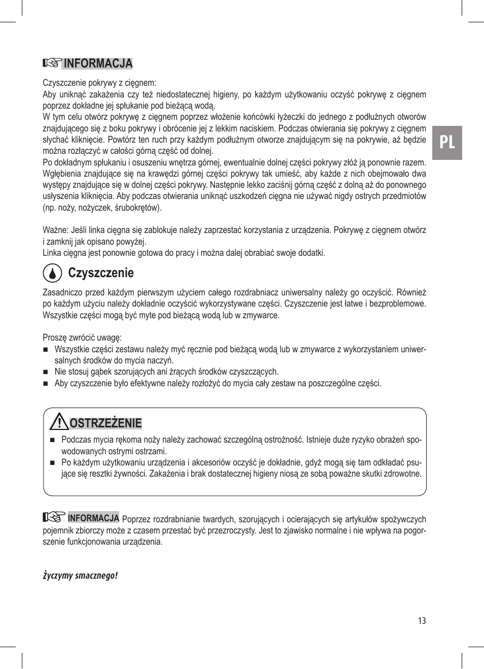 Czyszczenie, Ostrzeżenie, Informacja | Ernesto Mini Chopper User Manual | Page 13 / 44