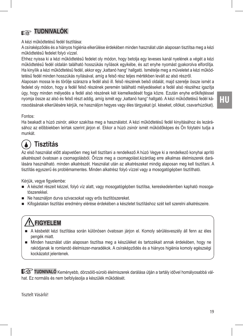 Tisztítás, Figyelem, Tudnivalók | Ernesto Mini Chopper User Manual | Page 19 / 44