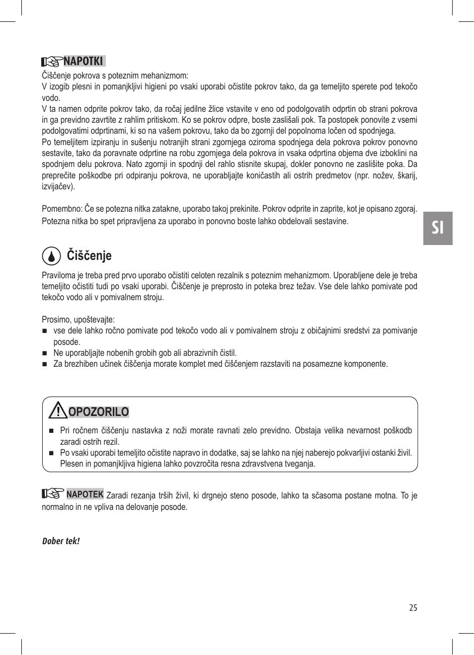 Čiščenje, Opozorilo, Napotki | Ernesto Mini Chopper User Manual | Page 25 / 44