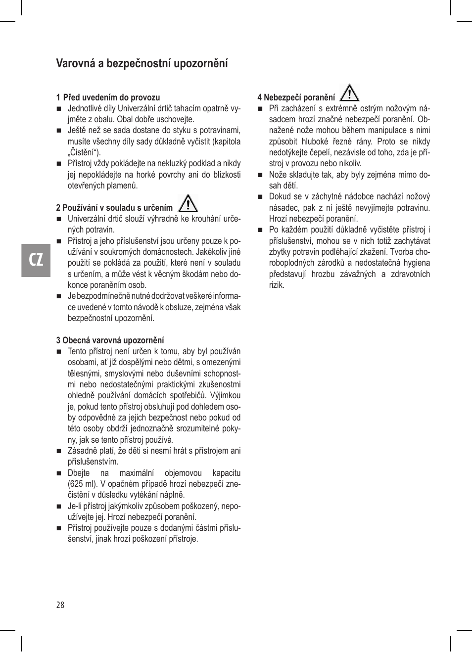 Varovná a bezpečnostní upozornění | Ernesto Mini Chopper User Manual | Page 28 / 44