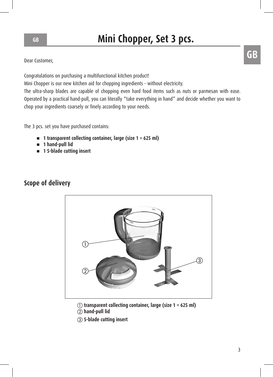 Gb mini chopper, set 3 pcs, Scope of delivery | Ernesto Mini Chopper User Manual | Page 3 / 44