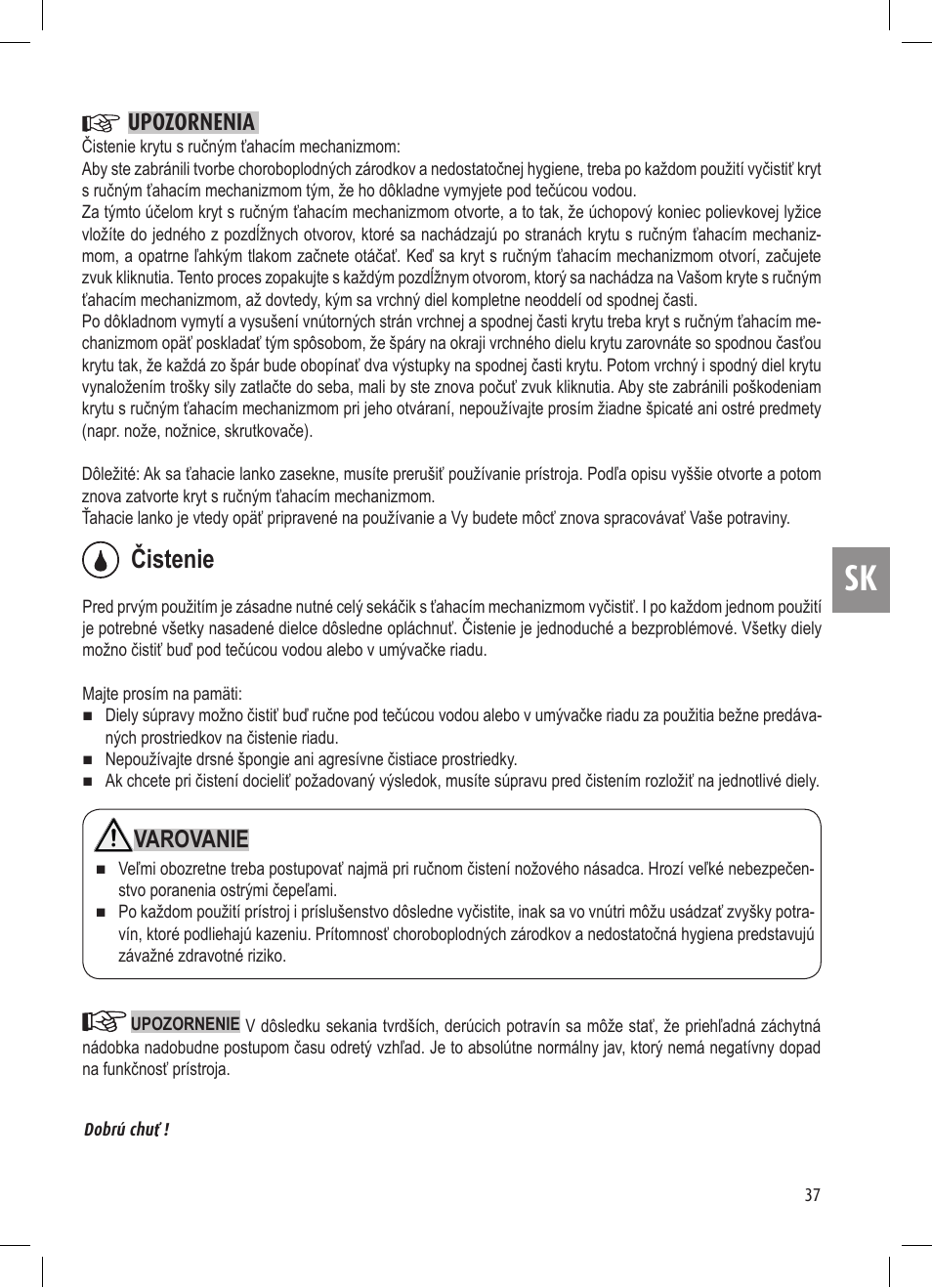 Čistenie, Varovanie, Upozornenia | Ernesto Mini Chopper User Manual | Page 37 / 44