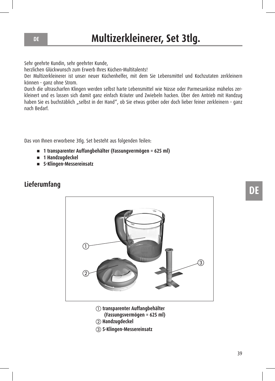 De multizerkleinerer, set 3tlg, Lieferumfang | Ernesto Mini Chopper User Manual | Page 39 / 44