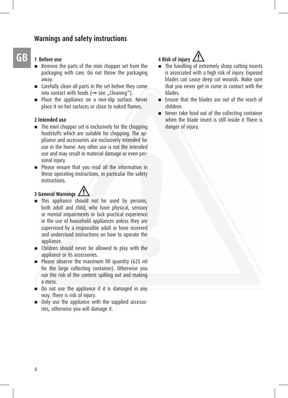 Warnings and safety instructions | Ernesto Mini Chopper User Manual | Page 4 / 44