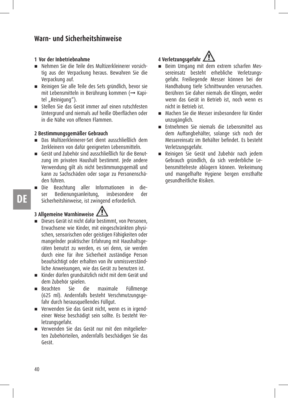 Warn- und sicherheitshinweise | Ernesto Mini Chopper User Manual | Page 40 / 44