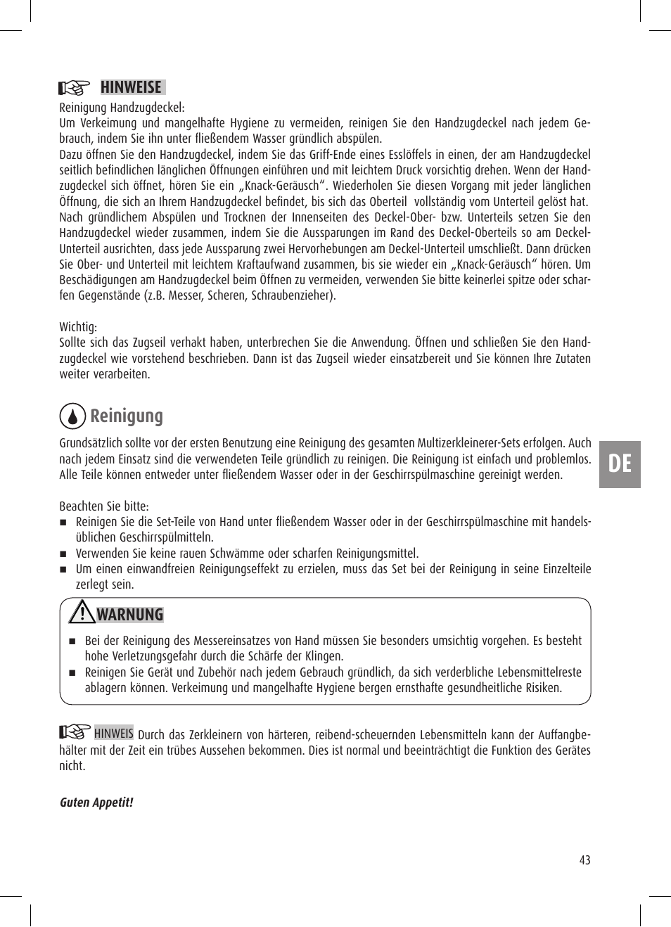 Reinigung, Hinweise, Warnung | Ernesto Mini Chopper User Manual | Page 43 / 44