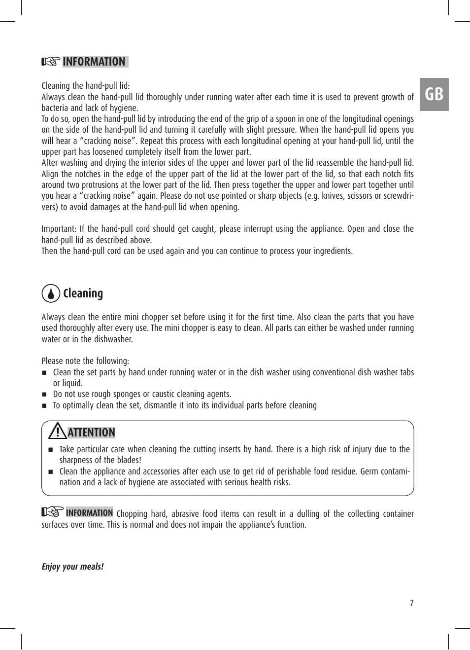 Information, Cleaning, Attention | Ernesto Mini Chopper User Manual | Page 7 / 44