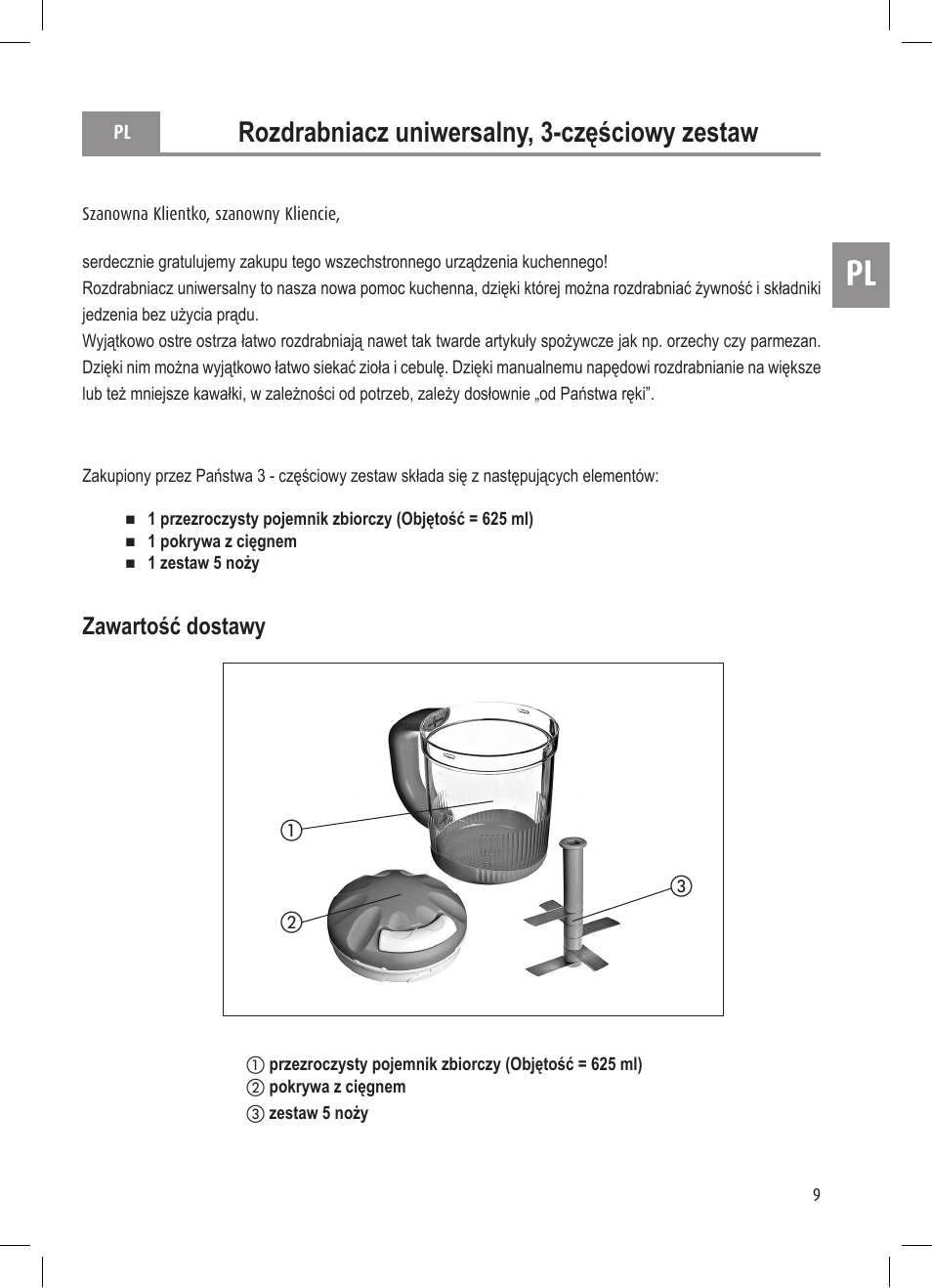 Rozdrabniacz uniwersalny, 3-częściowy zestaw, Zawartość dostawy | Ernesto Mini Chopper User Manual | Page 9 / 44