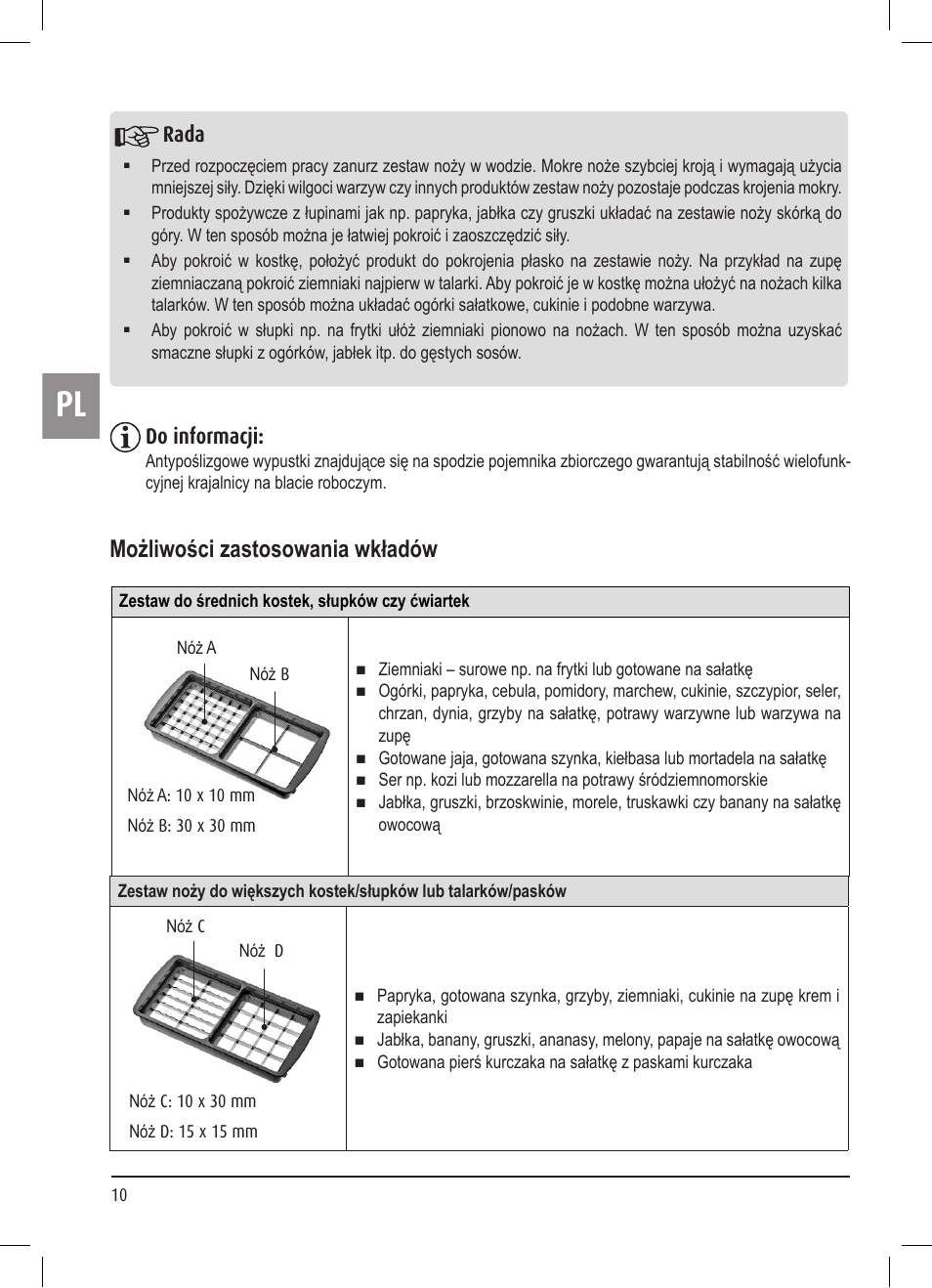 Możliwości zastosowania wkładów, Rada, Do informacji | Ernesto Multi Slicer User Manual | Page 10 / 32