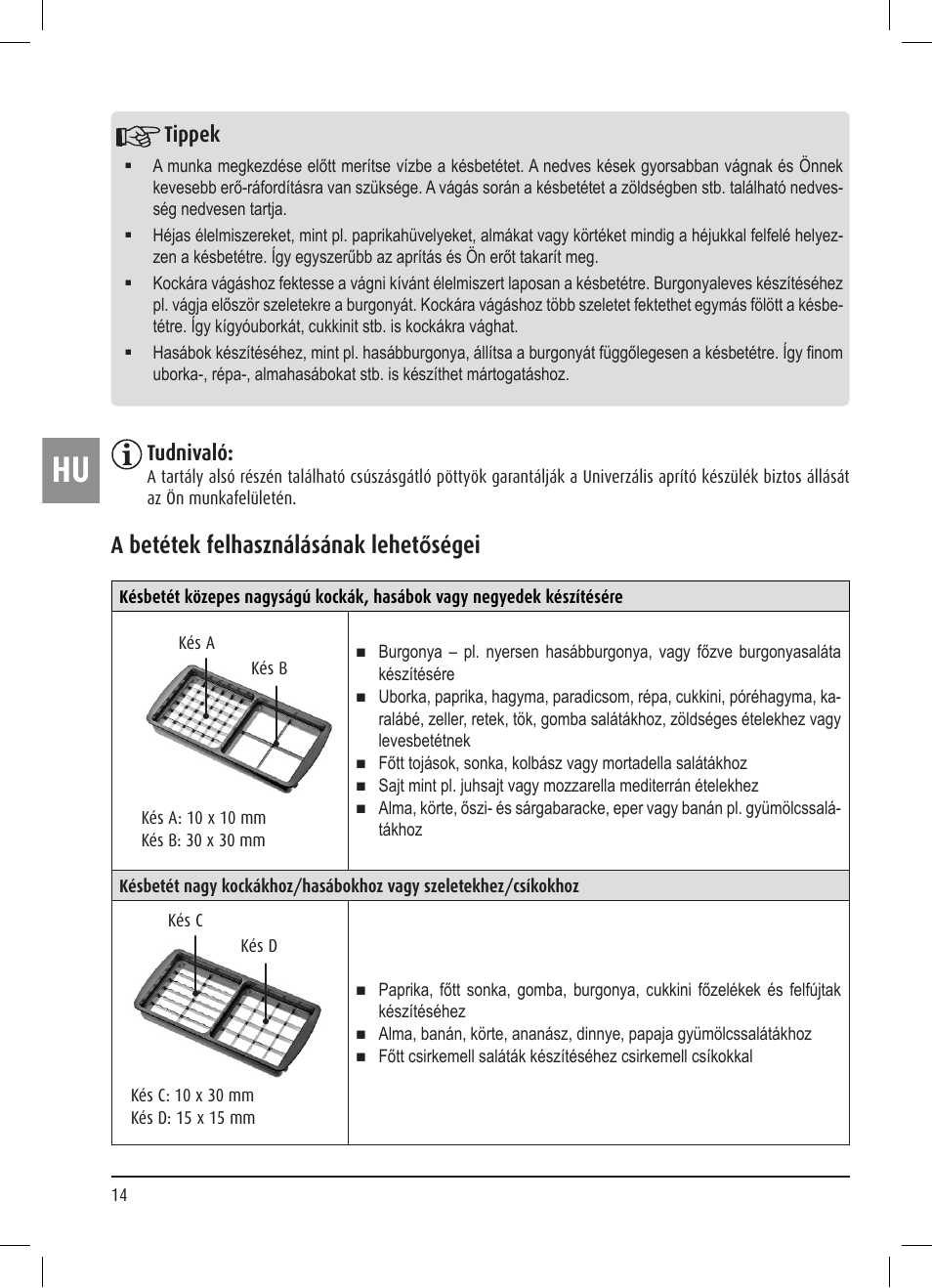 A betétek felhasználásának lehet őségei, Tippek, Tudnivaló | Ernesto Multi Slicer User Manual | Page 14 / 32