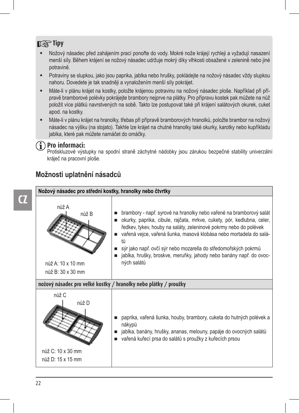 Možnosti uplatnění násadců, Tipy, Pro informaci | Ernesto Multi Slicer User Manual | Page 22 / 32