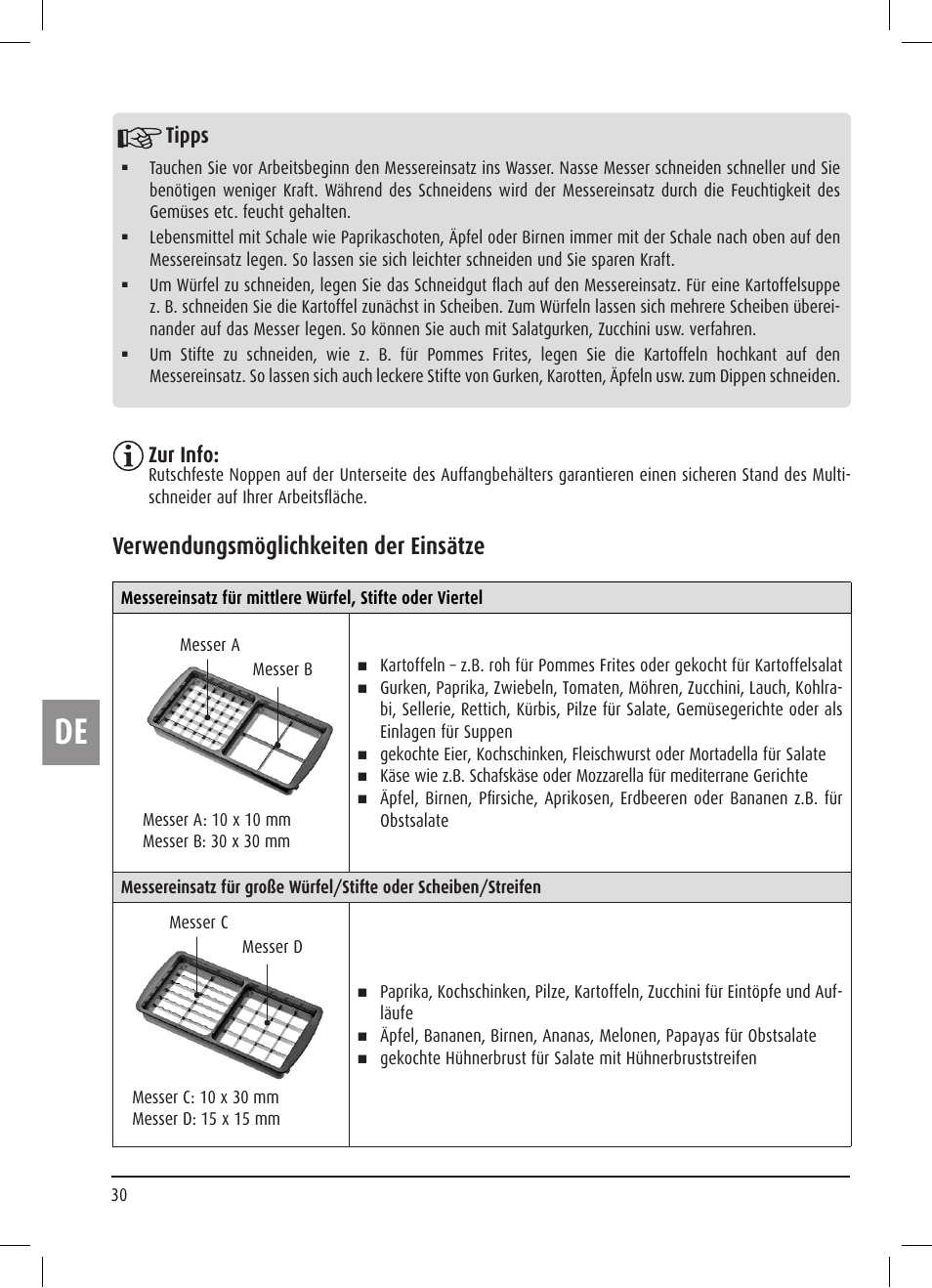 Verwendungsmöglichkeiten der einsätze, Tipps, Zur info | Ernesto Multi Slicer User Manual | Page 30 / 32